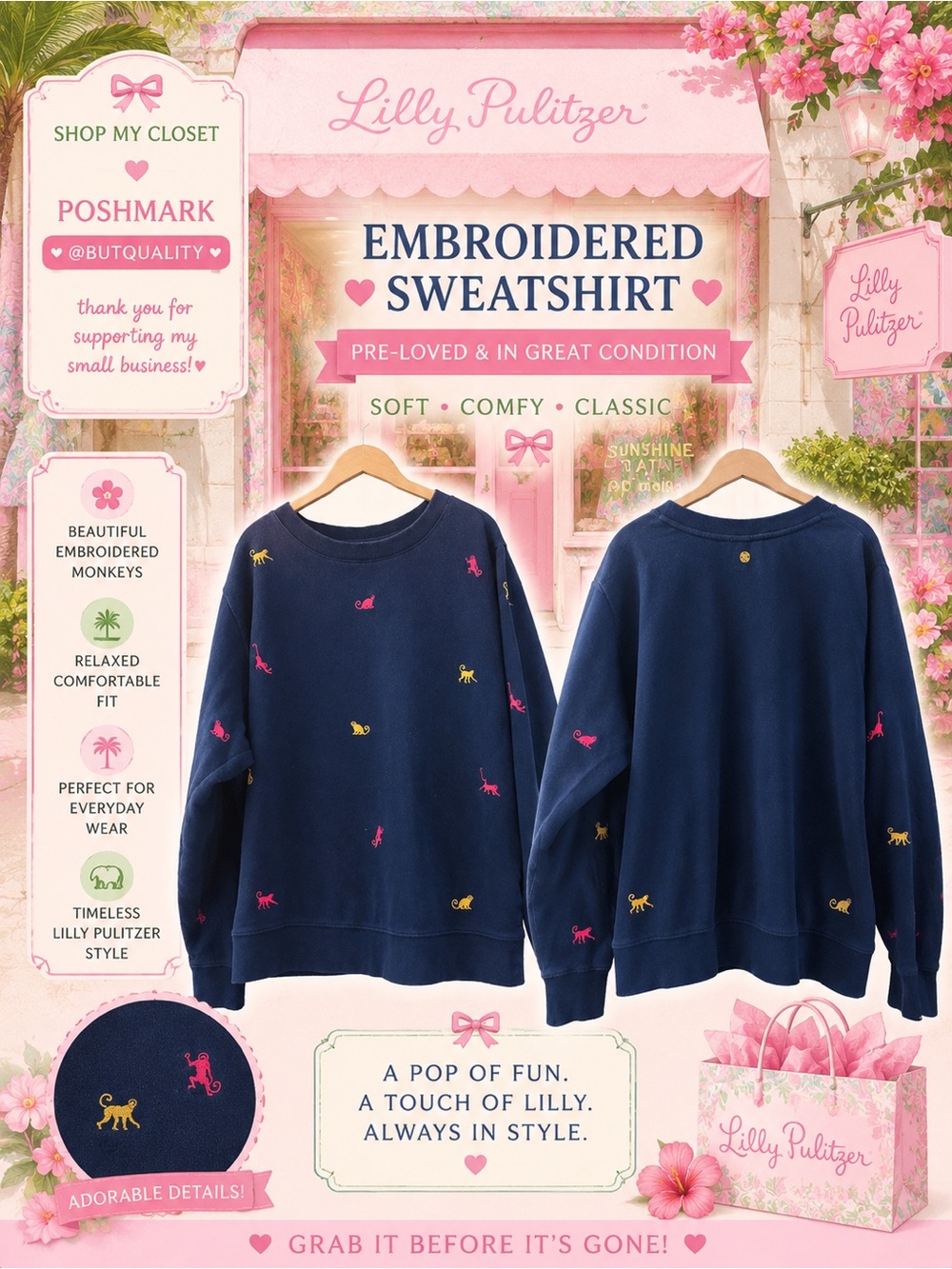 Lilly Pulitzer Ballad Sweatshirt in a navy color featuring embroidered monkeys🔥